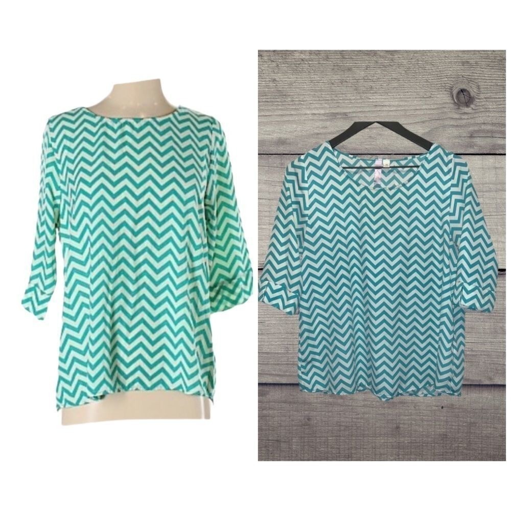 Alya Teal/Turquoise chevron pattern Dressy Top Elbow Sleeve - Size Medium